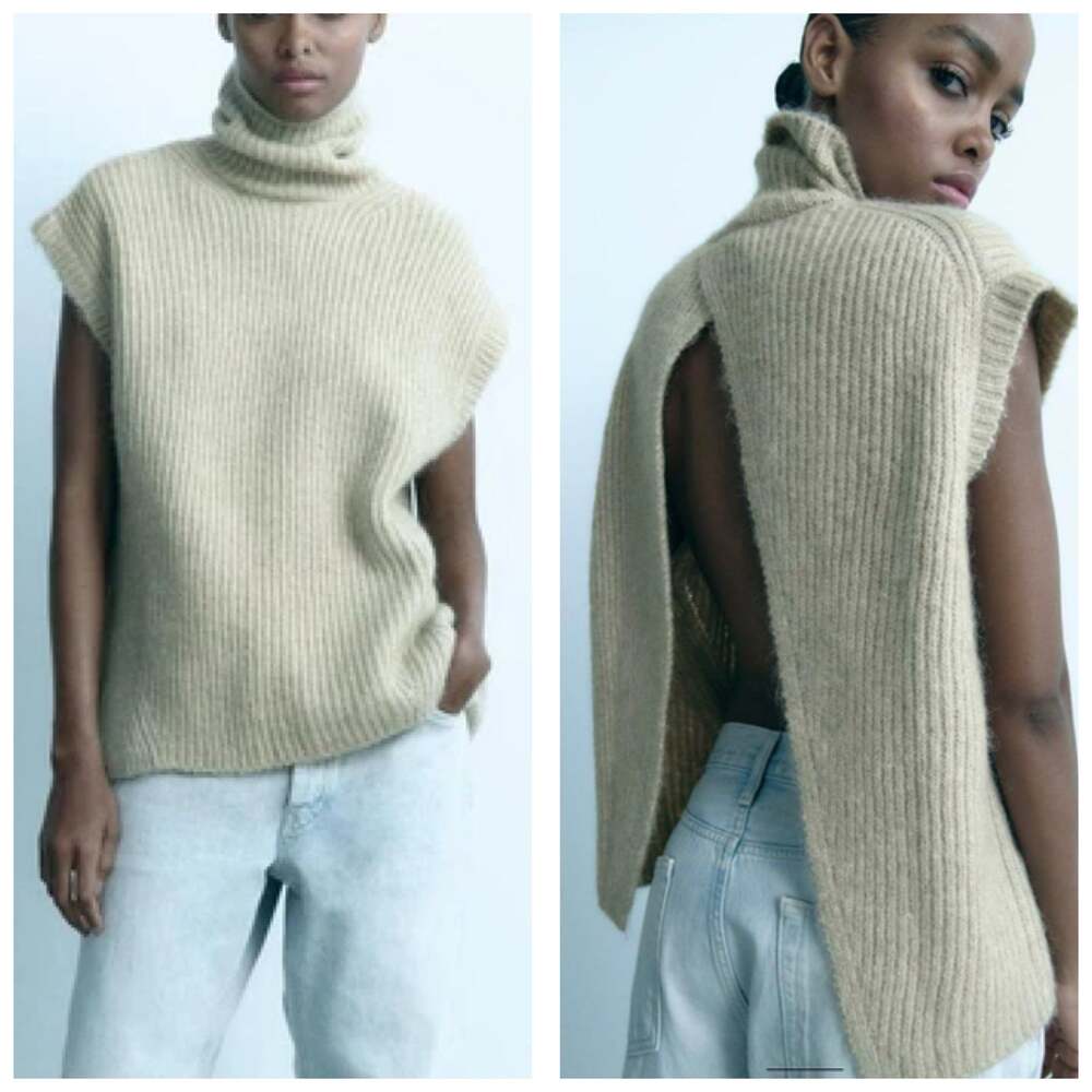 Zara Open Back Cozy Knit Vest Size Small Cream High Neck Chic Quiet Luxury